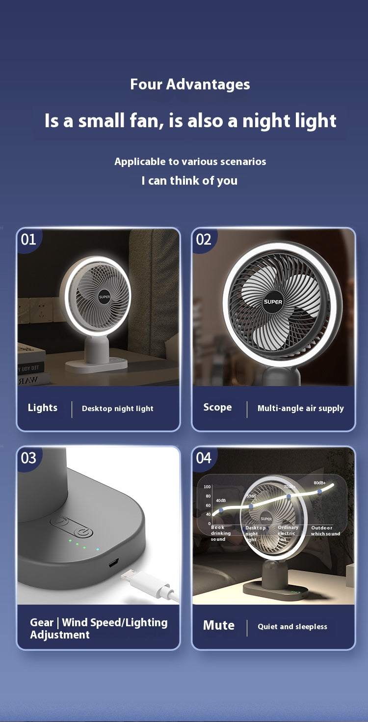 Desktop Rechargeable Mini Portable Night Light Fan for Household