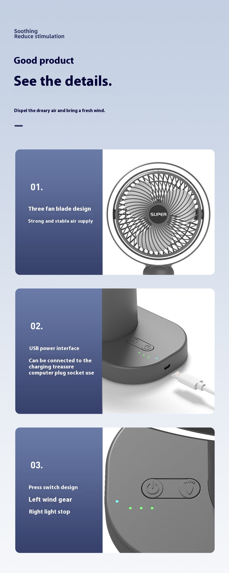 Desktop Rechargeable Mini Portable Night Light Fan for Household